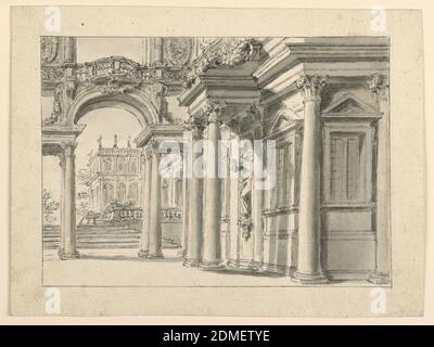 Conception de scène: Palace Garden Architecture, stylo et bistre, brosse et sépia laver sur papier, rectangle horizontal montrant la face de jardin d'un palais. À gauche, une arcade surmontée d'un balcon. En arrière-plan, deux escaliers et deux fontaines à lion., Italie, début du XVIIIe siècle, théâtre, dessin Banque D'Images