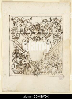 Grotesque Design, Charcoal, stylo et encre sur papier, UN escutcheon en charpette décoré de feuilles d'acanthus défilant et de trophées militaires. Ci-dessous, un masque ailé et des groupes de soldats barbus., Italie, début du XVIIe siècle, grottes, dessin Banque D'Images