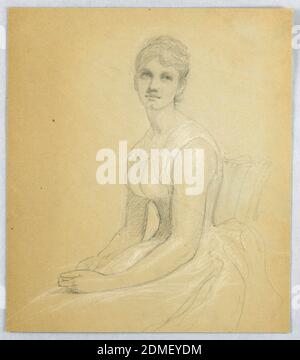 Croquis pour Portrait d'une femme, Daniel Huntington, américain, 1816–1906, Graphite et craie blanche sur papier épais de vélin crème, feuille verticale avec une femme assise avec ses mains sur ses genoux. Elle fait face à la gauche et a soulevé la tête par-dessus son épaule gauche., USA, 1881, portraits, dessin Banque D'Images