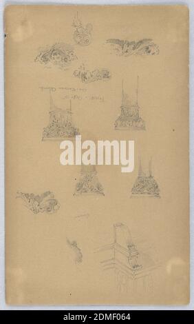 Détails architecturaux, Arnold William Brunner, cuisine américaine, 1857–1925, Graphite sur papier brun, ci-dessus, support pour fenêtre, Venise. Ci-dessous, hauts des capitales et des détails., USA, 1883, architecture, dessin Banque D'Images