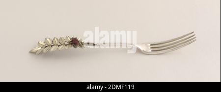Dessert fork, Charles Victor Gibert, French, Silver, gilt and enameled silver, Dessert fork with red enameled bug on a gilded compound leaf., ca. 1890, cutlery, Decorative Arts, Dessert fork Stock Photo