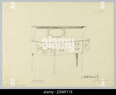 Design pour panneau latéral en acajou avec motifs néo-classiques, A.N. Davenport Co., stylo et encre noire, graphite sur papier crème mince, panneau latéral avec quatre pattes de fixation droites (les deux à l'avant avec dessus cannelé) et avant semi-circulaire - plat dans la partie centrale - avec deux tiroirs horizontaux avec poignées en forme de « C »; motifs néo-classiques sur les coins avant arrondis et au centre du dos; Tablette supérieure relevée sur volutes en forme de volute., 6 janvier 1902, mobilier, dessin Banque D'Images