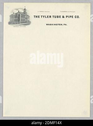 The Tyler tube & Pipe Co., Washington, Pennsylvanie, typographe : encre noire sur papier vélin crème, en haut à gauche, trois quarts d'altitude d'un bâtiment d'usine (avec tour d'horloge) identifié comme « BUREAUX GÉNÉRAUX » ; dans le quadrant supérieur droit de la feuille, nom de l'entreprise, emplacement, nom du président et vice-président., env. 1910, graphisme, en-tête, en-tête Banque D'Images