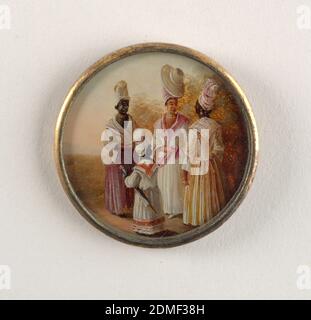 Button, Gouache paint on tin verre fixé, ivory (backing), glass, gilt metal, Button depicting scene of four figures in a landscape. Three women and a child wearing dresses. At center a light-skinned woman in jewelry and large turban topped with a sunhat., late 18th century, costume & accessories, Decorative Arts, Button Stock Photo