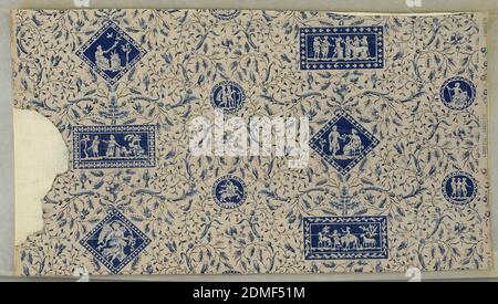 Sidewall, Machine-printed, Rectangles and diagonal squares are placed in alternating rows with smaller circular medallions between. Each medallion is filled with figures in classic garb similar to Wedgwood's Jasperware. Probably inspired from designs of Robert Adam. Each medallion is framed with an ornamental border. Fine floral scrolls cover the entire background. Tiny birds are perched on the twigs. Printed on margin: 'Lisieres Fleuries.' Background is striped. Entire paper is embossed in fine parallel vertical lines., France, 1880–90, Wallcoverings, Sidewall Stock Photo