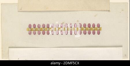 Motif pour un bracelet, un stylo et une encre brune, un pinceau et un lavage gris, un jaune, une aquarelle prune sur du papier blanc coulé, un rectangle horizontal. Conception d'un bracelet destiné à être exécuté en or avec des diamants rouges et des perles. Une série de carrés dorés fins forment la bande de base. Chaque place est ornée d'une perle au centre et encadrée en haut et en bas par un ovoïde rouge., Italie, début du XIXe siècle, bijoux, dessin Banque D'Images