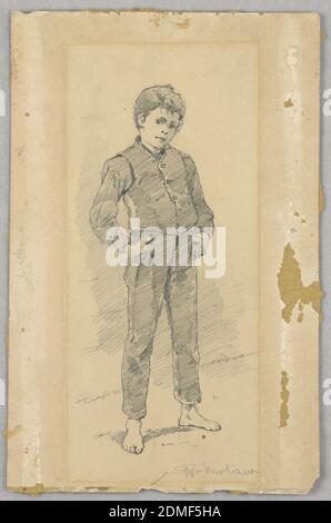 Un garçon debout, Walter Shirlaw, américain, b. Écosse, 1838–1909, Graphite sur papier, le garçon est montré obliquement dans un profil de trois quarts portant une chemise, un gilet, et un pantalon, avec ses mains dans les poches de pantalon., USA, ca. 1875, figures, dessin Banque D'Images