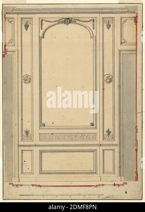 Conception pour un panneau mural, un crayon et de l'encre avec des lavages d'encre sur le papier, la partie centrale projetée montre probablement un cadre de miroir sur une moulure. Bandes pilastres avec médaillons circulaires montrant les enfants, latéralement. Papa en dessous. À l'extérieur se trouvent les parties des ouvertures de porte avec porte ouverte. Section des moulures. Lignes d'encre bordant., France, 1750-1800, dessin Banque D'Images