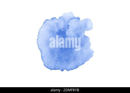 Blue spot on watercolor paper. Abstract blue spot on white background. Ink rain water drop. Banque D'Images