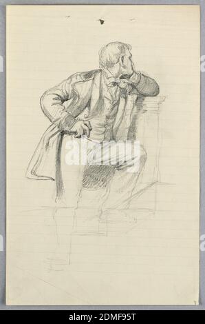 Etude pour 'SciScientific Group', Daniel Huntington, américain, 1816–1906, Graphite sur papier blanc laqué, Homme debout sur un escalier au niveau d'une rambarde ou d'un lutrin, son menton sur sa main gauche et sa main droite sur sa hanche. Il est face à droite., Londres, Royaume-Uni, Etats-Unis, 1858, figures, dessin Banque D'Images