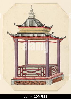 Design pour un pavillon chinois, Frederick Crace, anglais, 1779–1859, pinceau et aquarelle, stylo et encre sur papier, rectangle vertical. Un pavillon ouvert, rectangulaire en plan, avec un toit pagode à deux niveaux soutenu par quatre colonnes. La structure est montée sur un podium. Une balustrade, décorée de treillis, entoure le porche., l'album original associé à cette collection existe toujours. Voir 1948-40-1 accessoire, Angleterre, 1815–22, architecture, dessin Banque D'Images