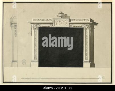 Projet pour un Chimneypiece, Graphite, stylo et encre, pinceau et aquarelle dans le papier, Elevation si la cheminée. Au centre, une tablette avec quatre danseuses. De chaque côté, le bucranium et le bucranium. Au-dessus de cela, un récipient en céramique. À gauche, vue du profil, Europe, ca. 1790, intérieurs, dessin Banque D'Images
