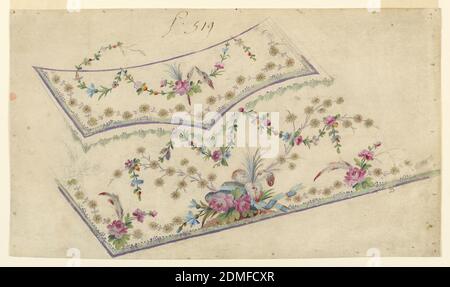 Design pour la broderie d'un gilet de costume d'homme, modèle n° 519 de la fabrique de Saint RUF, fabrique de Saint RUF, Lyon, France, Graphite, pinceau et gouache sur papier, UN chapeau de dame repose sur un bouquet de fleurs, au centre, reliées par des creux ondulés et des roses. Les festons Garland sont suspendus du motif du bord inférieur de la poche et les plantes s'élevant du motif central. Une guirlande est suspendue à partir du bord supérieur de la poche. Une extrémité de celui-ci s'élève dans le champ., France, ca. 1785, dessin Banque D'Images