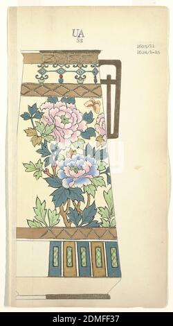 Motif pour un pichet, pinceau et aquarelle, gouache or, graphite sur papier crème, motif pour un pichet à poignée carrée ; corps de pichet recouvert de feuilles vertes et de pivoines roses et violettes, un papillon ; col de pichet avec losanges verts et points ; RIM or avec motif en treillis, Japon, 1880–1910, vaisselle, dessin Banque D'Images