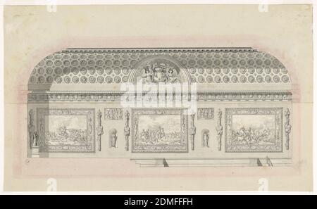 Décoration de salle, Hôtel des menus-plaisir, pour l'Assemblée des notables, stylo et encre noire, brosse et gris et rose, indications de craie noire sur deux feuilles de papier, réunies horizontalement au centre, REPRÉSENTATION d'un grand hall. Un plafond voûté en tonneau, avec une niche semi-circulaire contenant les bras de la France flanquée de figures allégoriques placées au centre. Au-dessous, le mur arrière présente trois tapisseries aux cadres élaborés, montrant des scènes de bataille de l'époque de Louis XIV, et entre, des statues dans des niches, avec des reliefs au-dessus, et flanquées de fasces. Banque D'Images