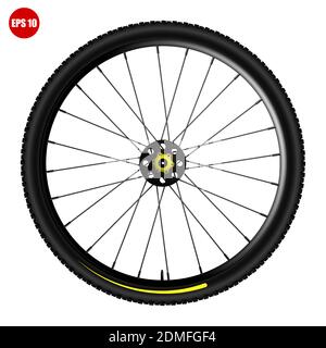 realistic bicycle wheel with a protector. Bike rubber mountain tyre, valve. Active kinds of extreme sports. Design element for banner or poster. Color Illustration de Vecteur