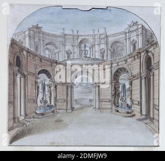 Conception de scène: Architecture de palais, stylo et encre noire, pinceau et aquarelle sur papier blanc couté, conception pour un ensemble de scène. Vue sur la façade du palais composée d'une arcade circulaire au premier plan, surmontée d'arcades à l'arrière, niches avec fontaines. Bordure courbée et réglée au sommet., Italie, 1750–99, théâtre, dessin Banque D'Images