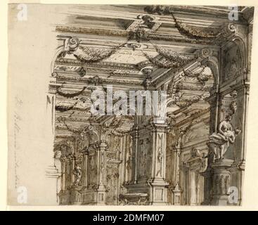 Stage Design: Palace Interior, stylo et encre marron, gris, brun wash support: Papier blanc, Parme, Italie, ca. 1720–40, théâtre, dessin Banque D'Images