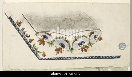 Motif pour la broderie du gilet de costume d'un homme, piquant, tracé, stylo et encre, pinceau et gouache, blanc sur papier, motif non fini pour le coin inférieur gauche du gilet d'un homme. Motifs de ventilateur de légumes sous la poche et dans la poche centrale. La laisse et les plantes alternent le long du bord extérieur., France, 1780–1790, dessin Banque D'Images