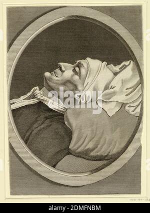 Portrait de Jean-Paul Marat (1743-1793), Jean-Paul Marat, français, 1743 - 1793, gravure en ligne et en créplet sur papier, buste en portrait en position allongée. Vue latérale de la tête à droite. La tête de Marat est recouverte d'un foulard dont une partie est sur l'oreiller. Il porte un manteau foncé avec un foulard blanc étroit. Le portrait est entouré d'un cadre ovale inséré dans un champ ombré rectangulaire., France, ca. 1793-1803, Imprimer Banque D'Images