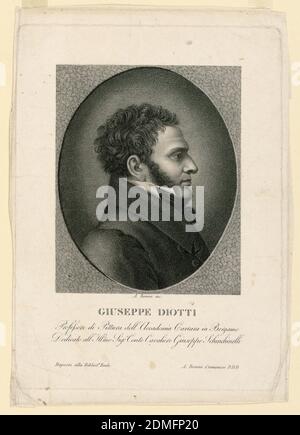 Portrait de Giuseppe Diotti (1779-1846), Angelo Maria Damiano Bonini, italien, né en 1790, gravure en pointillé sur papier, portrait en longueur d'épaule de G. Diotti en vue latérale., Italie, ca. 1820, Imprimer Banque D'Images