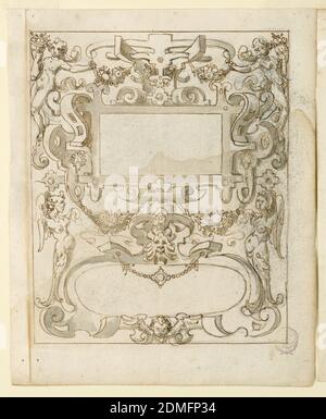 Grotesque Design, Charcoal, stylo et bistre, pinceau et aquarelle sur papier, Strapawork avec des figures aillées et des cadres de putti un blanc rectangulaire et des panneaux ovales., Italie, début du XVIIe siècle, ornement, dessin Banque D'Images