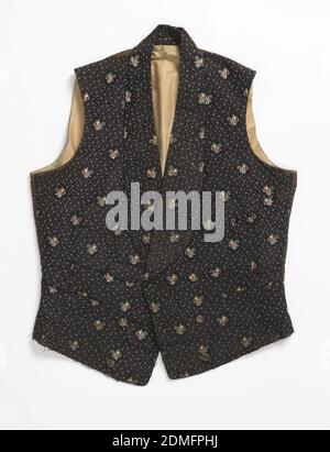 Gilet de costume, taille moyenne : soie, lin, velours côtelé de coton technique : tissage composé, gilet de gentleman avec longs revers noirs avec un motif sur toute la surface de mouchetures blanches et de fleurs jaunes, bleues et rouges. Doublure en lin. Velours côtelé brun à l'arrière, XIXe siècle, costume et accessoires, gilet de costume Banque D'Images