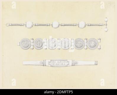 Design pour une chaîne de montre et deux bracelets, Graphite, pinceau et jaune pâle laver sur papier vélin blanc, trois bijoux, chacun en dessous de l'autre. La chaîne de montres est dotée de trois billes reliées par de minces morceaux de chaîne. Le premier bracelet est doté de six disques de type feuille reliés par des joints. Le deuxième bracelet a une section centrale inscrite 'VBI AMOR / IBI ANIMA.', Italie, ca. 1870, bijoux, dessin Banque D'Images