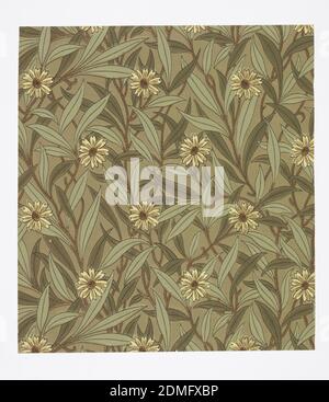 Sidewall, Machine-printed paper, Aesthetic-style design of dense all-over large-scale sprouting daisies; single-motif diamond-shaped repeat in off-set columns; naturalistic colors, black outlining, and crude shading; shading irregular on each repeat; tan ground., USA, ca. 1880, Wallcoverings, Sidewall Stock Photo