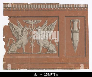 Dado, imprimé en bloc sur du papier fait à la main, panneaux alternés de gryphons et d'urnes, imprimé dans des bruns et des blancs sur de la rouille profonde., France, 1800–1840, Wallcovers, Dado Banque D'Images