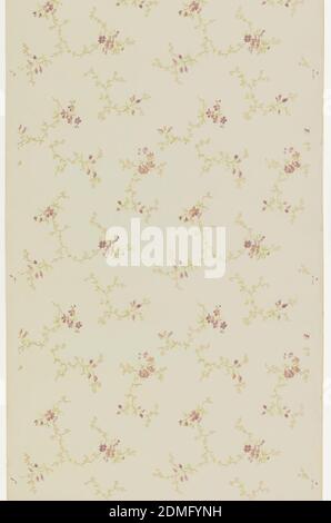 Ceiling paper, Machine-printed paper, liquid mica, Seemingly random placement of floral springs with purple flowers. Printed on pale green ground., USA, 1905–1915, Wallcoverings, Ceiling paper Stock Photo