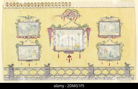 Design pour décoration murale, salle de dessin jaune (Nord), Pavillon Royal, Brighton, Frederick Crace, anglais, 1779–1859, pinceau et aquarelle, graphite sur papier vélin blanc, rectangle horizontal. Design pour le Pavillon Royal, Brighton. Élévation d'un mur. Une série de cinq images chinoises peintes sont vues sur un fond jaune neutre, des paires de peintures plus petites flanquant le grand central. Le panneau central est enfermé dans un cadre peint, maintenu par un oiseau avec un plumage brillant. Une rambarde peinte ci-dessous, section de moulure ci-dessus., 1815, intérieurs, dessin Banque D'Images