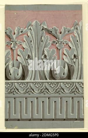 Bordure, imprimé en bloc sur papier fait à la main, acanthus et dentae à grande échelle. Imprimé en grisaille avec fond rose sur fond gris., France, 1810–20, revêtements muraux, Border Banque D'Images