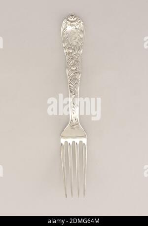 Chrysanthemum, Tiffany & Company, American, established 1853, Silver, Four-tined fork with relief-decorated handle in 'Chrysanthemum' pattern; engraved 'B' in reserve., 1880-91, cutlery, Decorative Arts, Luncheon fork, Luncheon fork Stock Photo