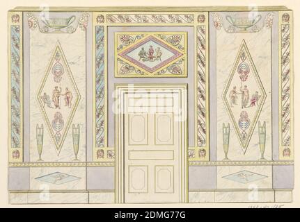 Wall Elevation, Frederick Crace, anglais, 1779–1859, stylo et encre noire et aquarelles sur papier vélin, paroi latérale avec centre de porte, panneaux en marbre avec motifs classiques à gauche et à droite. Doublure, 1815–22, intérieurs, dessin Banque D'Images