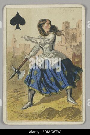 Queen of Spades, E. Le Tellier, French, active late 19th century, B.P. Grimaud, Paris, France, Lithograph on paper, Queen of Spades court playing card from a pack of transformation playing cards. Female figure of Joan of Arc shown dressed for battle, wearing armor over a blue and yellow skirt decorated with fleurs de lys. She holds an ax in her right hand and points with her left hand. Architecture in the background., Paris, France, late 19th century, toys & games, Playing card, Playing card Stock Photo