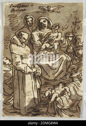 Sainte Trinité avec le Christ mort en gloire après Palma Giovane; Adoration des Magi, Etude après Lodovico Carracci, Felice Giani, Italien, 1758–1823, stylo et encre brune, pinceau et brun foncé laver sur des traces de craie noire sur papier blanc couché, dessin supérieur de Christ couché figure sur des nuages soutenus par le putti et Dieu le Père. Dessin inférieur de l'adoration des Mages avec la Sainte famille à droite et les Rois à gauche; un boeuf au centre de l'arrière-sol., Italie, 1810–20, figures, folio de Sketchbook, folio de Sketchbook Banque D'Images