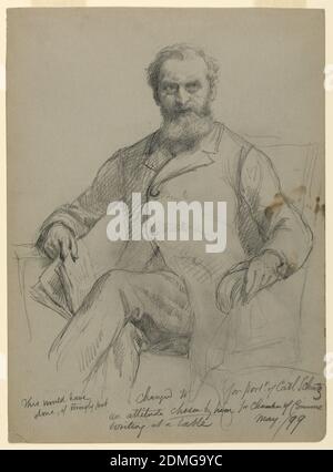 Carl Schurz assis, Daniel Huntington, cuisine américaine, 1816–1906, Graphite sur papier vélin gris, Portrait d'un homme assis avec une barbe et des verres de nez de pince, tenant un papier dans sa main droite. Verso: Portrait d'un homme assis., New York City, New York, Etats-Unis, 1899, portraits, dessin Banque D'Images