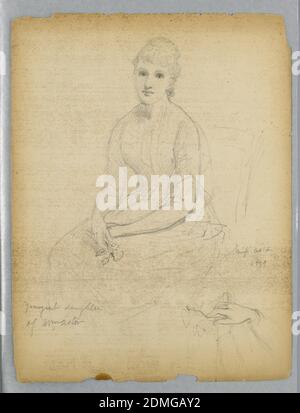 Croquis pour Portrait de la plus jeune fille de William Astor, Daniel Huntington, américain, 1816–1906, Graphite sur papier vélin crème, fille assise, légèrement tournée à gauche, sa tête face à la façade. Ses mains sur ses genoux et quelques fleurs, répétées en bas à droite. Verso: Mt. Lafayette, N.H., centre, avec des crêtes autour. Notes ci-dessous, y compris: Franconia gamme de Littleton., Etats-Unis, 1879, portraits, dessin Banque D'Images