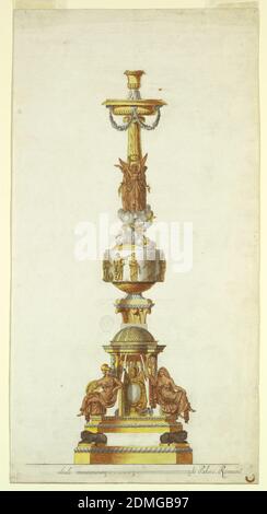 Design pour un Candelabrum, Luigi Righetti, Italien, 1780 - 1819, stylo et encre noire, pinceau et gris, lavage brun, aquarelle jaune, craie noire sur papier blanc, UN dessin pour un seul candélabrum. Au fond, les lions, qui se croupent sur une base, soutiennent un pavillon, dont les volutes sont assis deux figures femelles: 'Strength,' à gauche et 'Faith,' à droite. Au centre se trouve un escutcheon papal. Au-dessus du dôme se trouve une capitale, soutenant une sphère. La sphère est entourée d'un groupe avec Saint Jean l'évangéliste, Saint Paul, Saint Pierre, un autre saint avec un livre, et Saint Marc Banque D'Images
