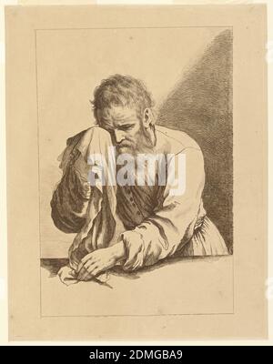 Old Man Weeping, d'après un dessin de Guercino, Francesco Bartolozzi, italien, active Angleterre, 1727–1815, Giovanni Francesco Barbieri (appelé Guercino), italien, 1591 – 1666, Etching à l'encre brune sur papier blanc, Saint Peter avec une serviette tenue à son oeil avec sa main droite, l'extrémité inférieure dans sa main gauche, repose sur une table. Il fait face à l'avant, légèrement tourné vers la gauche., Angleterre, ca. 1760–1780, Imprimer Banque D'Images