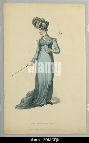 The Glengary habit, de R. Ackerman's Repository of Arts, &c., gravure en bois sur papier crème, UNE femme habillée en robe Empire bleue à la taille et un bonnet à carreaux., probablement Angleterre, 1er septembre 1817, costume et accessoires, imprimé Banque D'Images