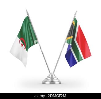 Drapeaux de table d'Afrique du Sud et d'Algérie isolés en 3D blanche rendu Banque D'Images