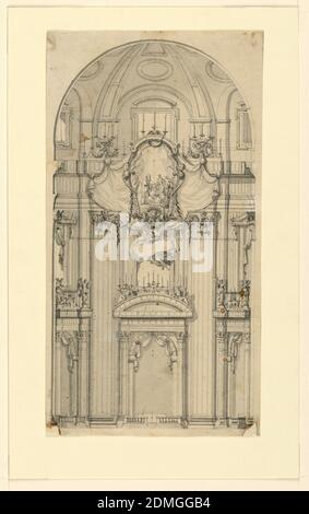 Élévation d'un mur Décoration pour une cérémonie de canonisation, Saint-Pierre, Rome, Italie, Luigi Vanvitelli, Italien, 1700 – 1773, stylo et encre noire, pinceau et gris délavé sur papier blanc cassé, conception architecturale de format vertical pour l'intérieur de la basilique Saint-Pierre, dôme incurvé au sommet. Galerie de portes au niveau inférieur entouré de pilastres de la double hauteur Corinthian. Au-dessus au centre, une grande escutcheon entourée de draperies. Sur l'escucheon, une scène de figural., Italie, ca. 1745, architecture, dessin Banque D'Images