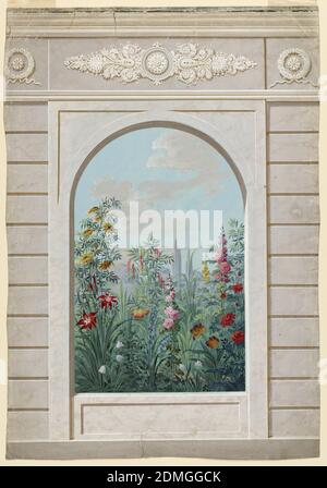 Papier peint Design: Jardin vu à travers une alcôve, Brush et gouache, graphite sur papier blanc, vue dans un jardin par une ouverture voûtée dans son mur., Autriche, 1820–25, dessins de papier peint, dessin Banque D'Images