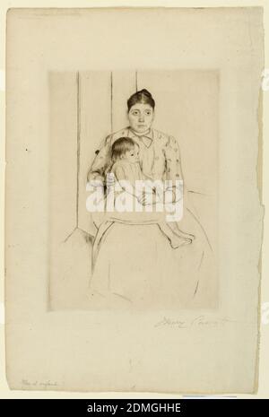 Pose, Mary Cassatt, américaine, 1844 - 1926, Drypoint sur papier, la femme assise est montrée frontally portant un chemisier avec les coeurs dessus. Sur ses genoux se trouve petite fille en robe unie., USA, 1890, figures, Imprimer Banque D'Images