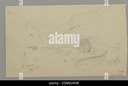 Port de Beyrouth et Mont Sannine, église Frederic Edwin, américaine, 1826–1900, Graphite sur papier crème, Rector: Vue sur un port et des montagnes; Centre, navires et bateau à rames; Verso: Croquis d'un paysage avec vue sur une vallée., Beyrouth, Liban, février 20,1868, paysages, dessin Banque D'Images