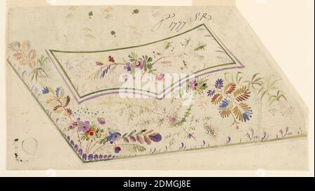 Motif pour gilet brodé, motif 1777 de la fabrique de St. RUF, Mademoiselle Montalent, pinceau et gouache blanc sur papier à tracer glacé, coin inférieur gauche avec bord inférieur légèrement ascendant. Feuilles sur les bords. Creux de fleurs, fleurs bourgeonnantes, pois. Un gouis est suspendu par une pente. Feuilles et motifs de pinceau alternent dans le champ., France, ca. 1785, broderie et couture, dessin Banque D'Images