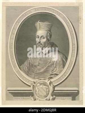 Portrait du cardinal Ascanius Philamarinus, Jean Louis Roullet, français, 1645 - 1699, Francesco di Maria, italien, 1623 - 1690, gravure sur papier, portrait en demi-longueur en vue de trois-quarts vers la gauche; en face de l'auteur de l'étude. Ci-dessous, armoiries du siège, France ou Italie, vers. 1670, Imprimer Banque D'Images