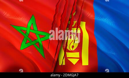 Morocco and Mongolia flags with scar concept. Waving flag,3D rendering. Morocco and Mongolia conflict concept. Morocco Mongolia relations concept. fla Stock Photo